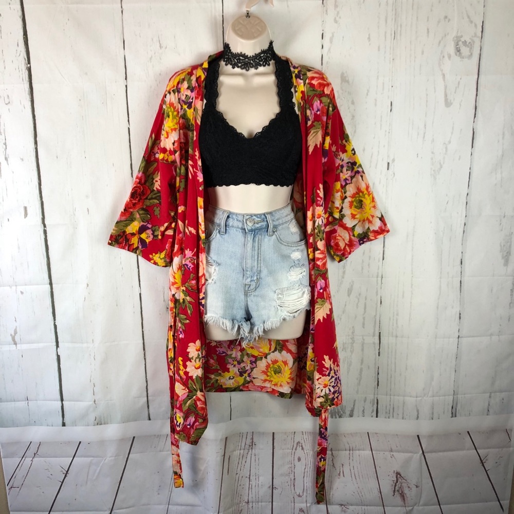 Red floral kimono robe